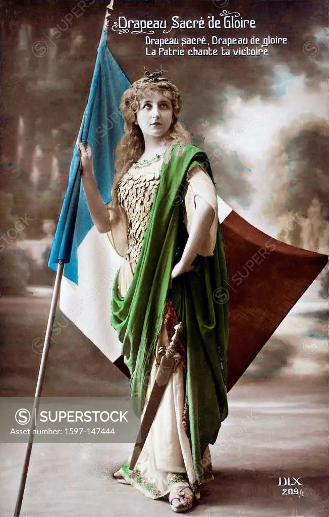 The holy flag of glory, woman, postcard, flag, France, 1915, World War I, War, World War, Europe, 1914_1918,