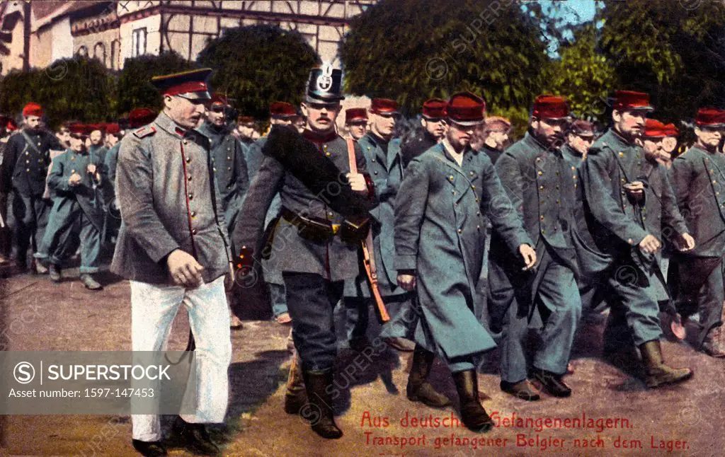 Belgian, prisoner, transport group, uniformed, soldiers, army, military, marching, village, militia man, gun, officer, World War I, War, World War, Eu...