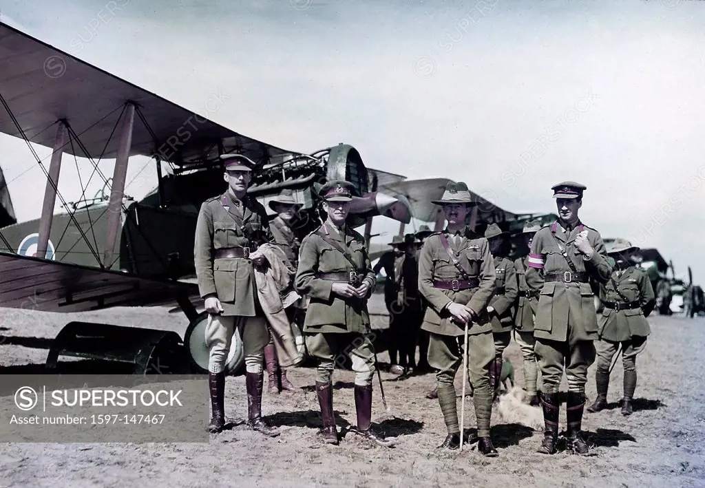 Australian, Lieutenant, General Harry Chauvel, officers, inspect, Squadron, Flying Corps, soldiers, army, military, fighter planes, airplane, Ottoman ...