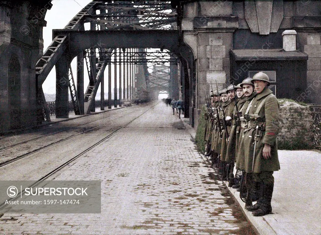 Belgian, soldiers, army, military, guarding, bridge, occupation, Demilitarized, Zone, Rhineland, troops, Germany 1921, Autochrome, World War I, War, W...