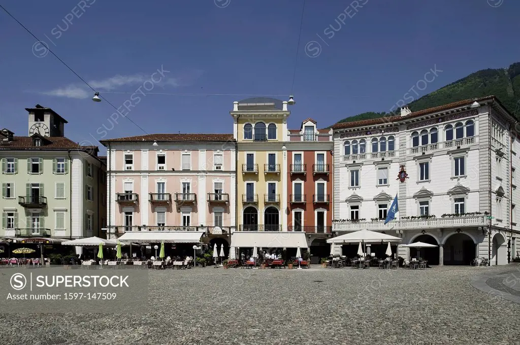 Switzerland, Ticino, Locarno, Piazza Grande, place, buildings, street cafe,