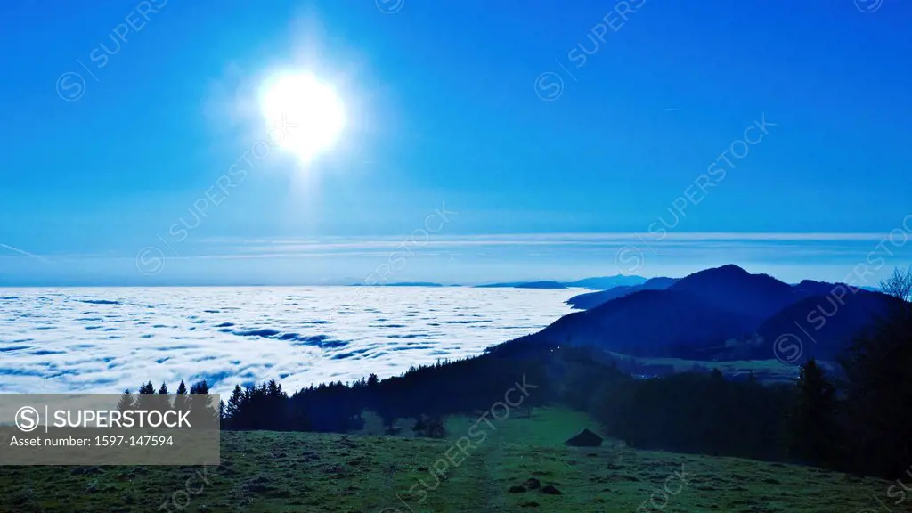 mountain scenery, Jura, Jura mountains, atmospheric inversion, mountain landscape, autumn, fall, Jura landscape, sun, canton Solothurn, mist, sea of f...