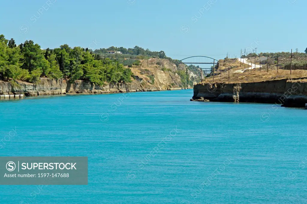 Europe, Greece, Pelepones, Korinth, canal entrance, trees, bridges, rocks, cliffs, buildings, constructions, canals, channels, scenery, sea, panorama,...