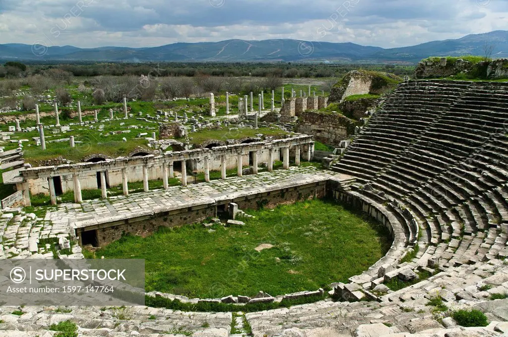 Aphrodisias, Aphrodite, excavation, stage, stage house, building, construction, history, province Aydin, ruins, ruins, rows, theaters, Turkey, old, an...