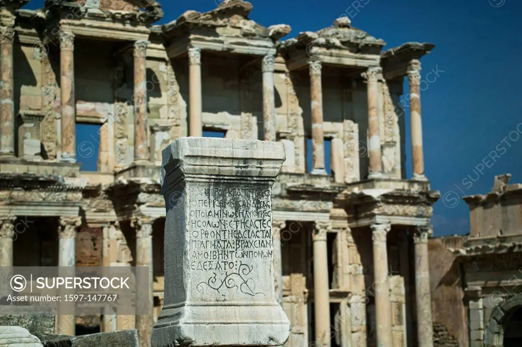 Excavation, excavation site, building, library, Celsius, Celsius library, Ephesos, Ephesus, facade, stone tablet, inscription, capital, capitals, patt...