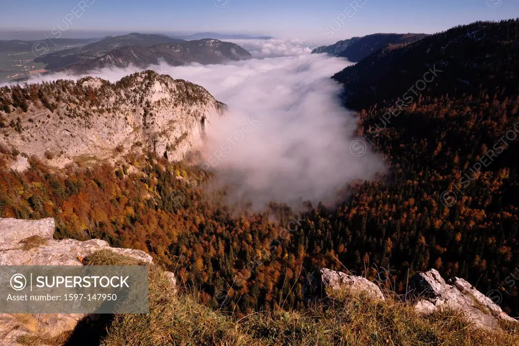 mountainscape, mountain scenery, mountain landscape, montane forest, mountain forest, Creux du Van, rocks, autumn, fall, Jura, canton Neuchtel, lands...