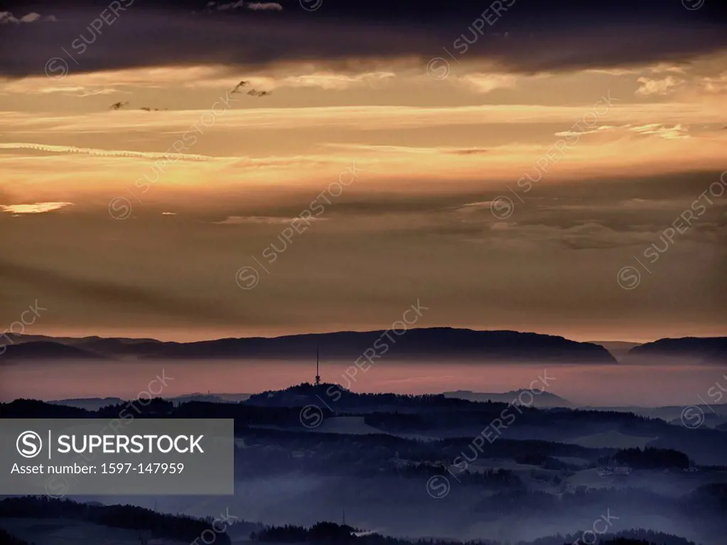 sunset sky, evening sky, fog, mist, twilight, afterglow, evening mood, red sunset sky, Bantiger, autumn, fall, hilly landscape, canton Bern, plateau, ...