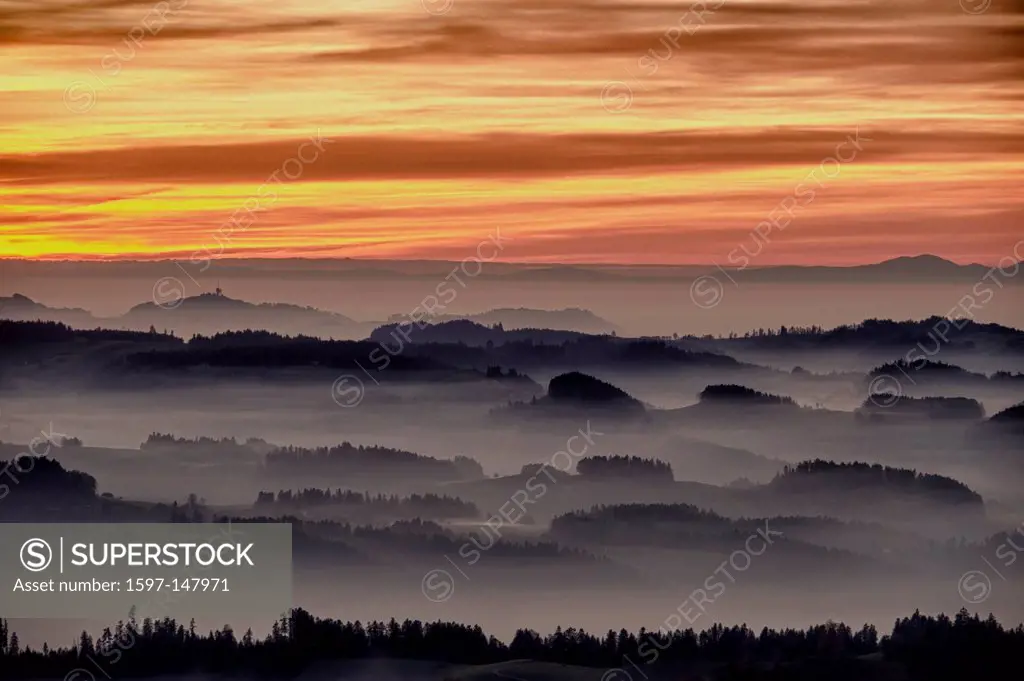 twilight, stillness, afterglow, red sunset, sunset glow, red evening sky, clouds, hilly landscape, Emmental, autumn, fall, wood, forest, wooded landsc...