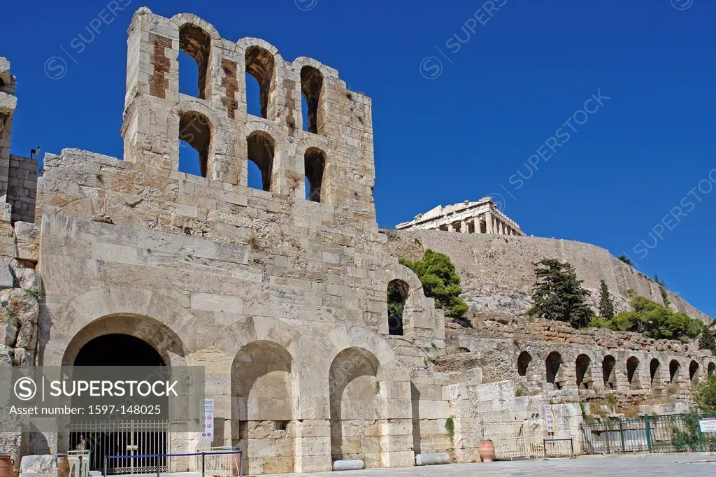Europe, Greece, Attica, Athens, Acropolis, Odeum, Herodes Attikos, arc, fragments, theater, Parthenon, temple, excavation, trees, buildings, construct...