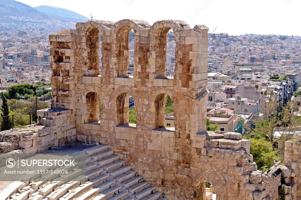 Europe, Greece, Attica, Athens, Acropolis, Odeum, Herodes Attikos, arc, fragments, theater, town, city, excavation, trees, detail, building, construct...
