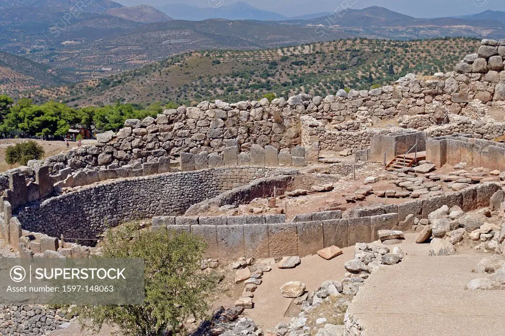 Europe, Greece, Pelepones, Mycenae, fortress, grave ring, architecture, excavation, trees, stone, castles, Historical, scenery, museum, panorama, plac...