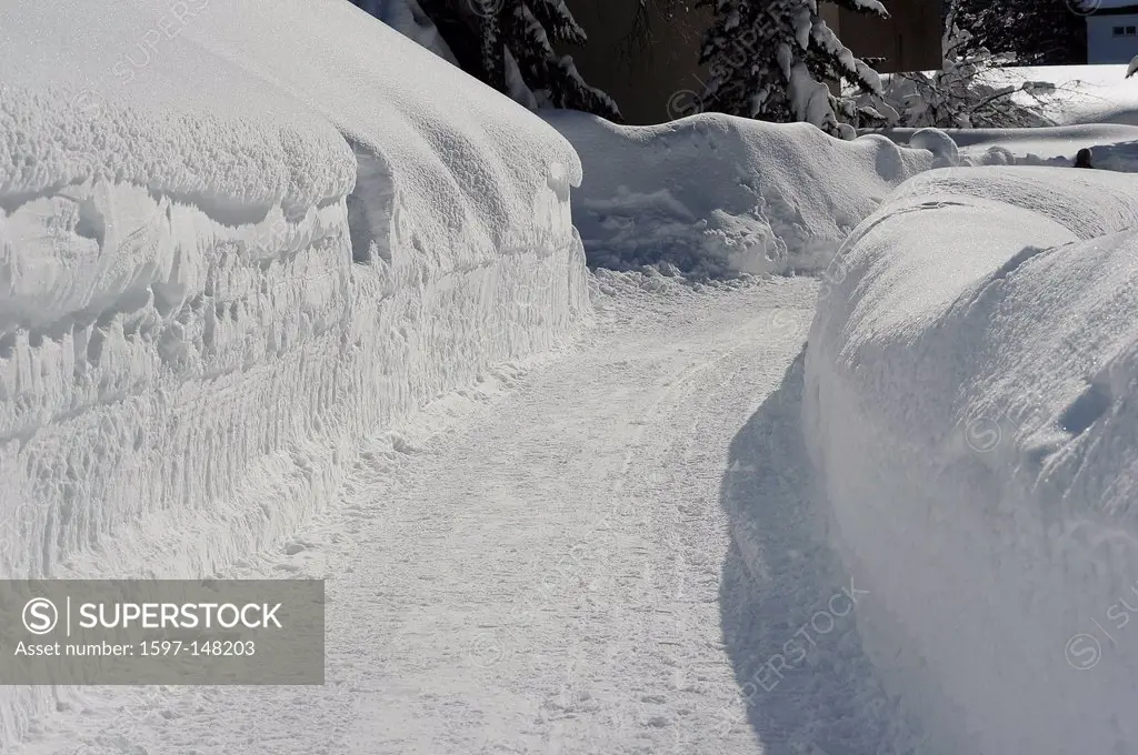 Winter, Switzerland, Davos, Graubünden, Grisons, snow, snow masses, snow, winter, white, street, snow wall