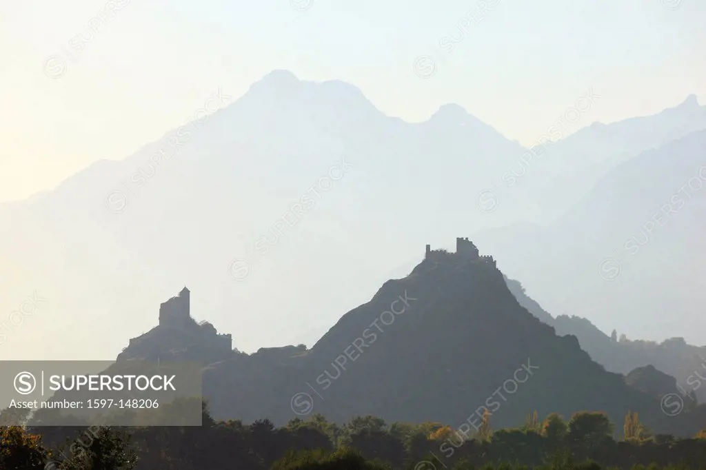 Alps, mountains, castle, fortress, mountains, back light, autumn, autumn color, autumn colors, sky, Rhone valley, silhouette castle, Switzerland, Swis...