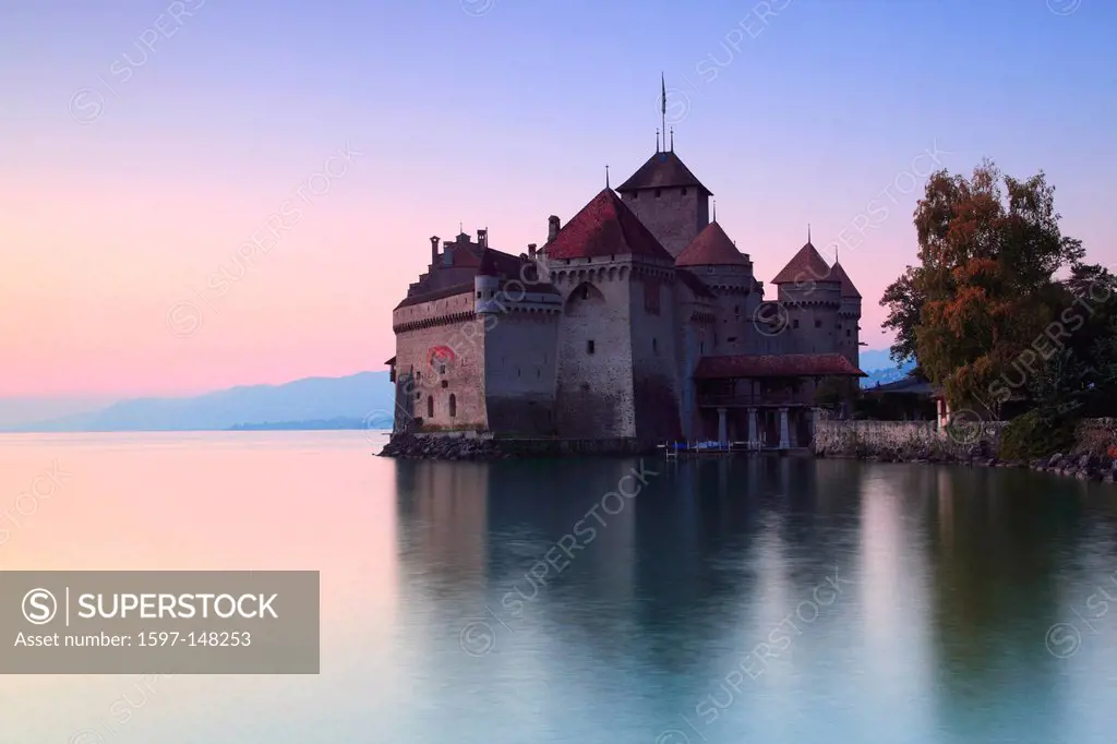 Evening, dusk, evening mood, Alps, mountains, Chillon, Chteau de Chillon, dusk, twilight, mountains, Lake Geneva, autumn, autumn color, autumn colors...