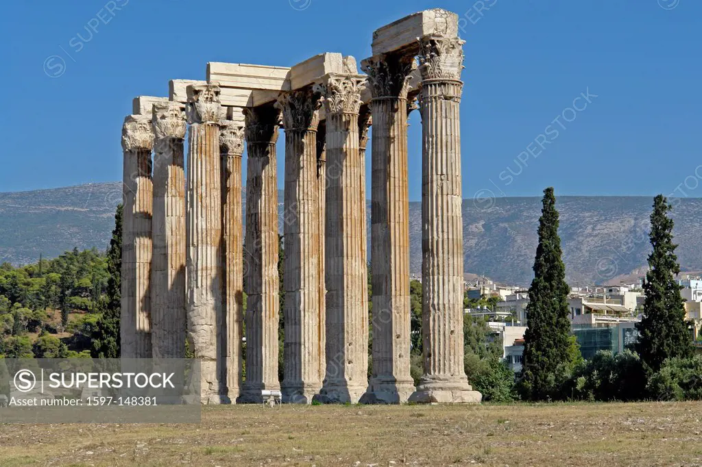 Europe, Greece, Attica, Athens, Olympieion, temple, Zeus, architecture, excavation, trees, mountains, buildings, constructions, Historical, scenery, m...