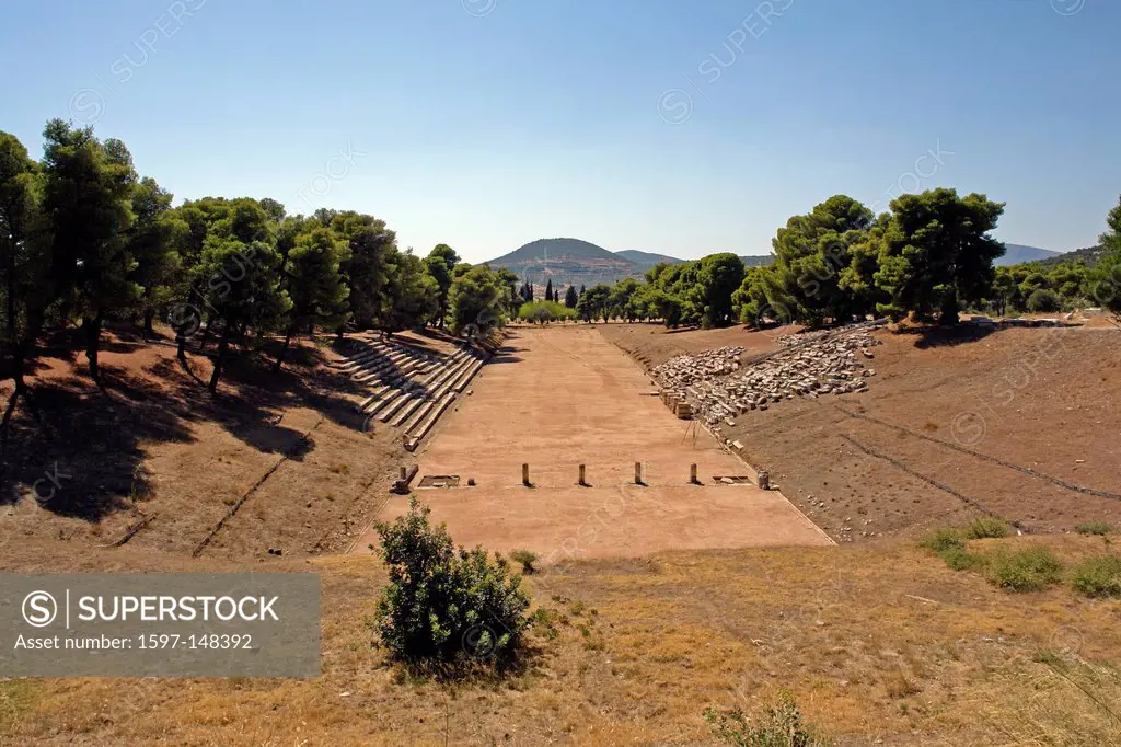 Europe, Greece, Pelepones, Epidauros, excavation area, stage, excavation, Historical, museum, place of interest, landmark, tourism, trees, mountains, ...