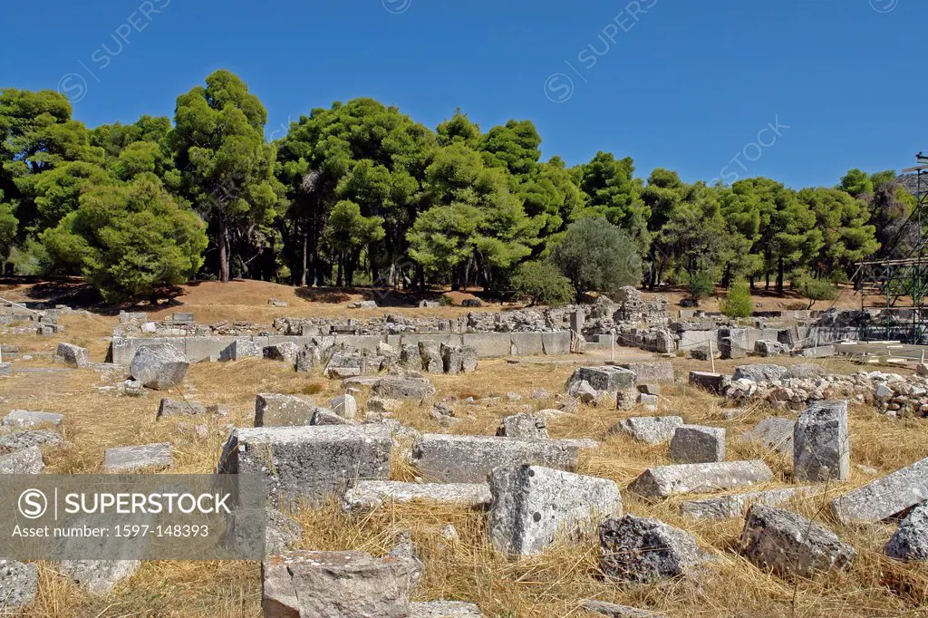 Europe, Greece, Pelepones, Epidauros, excavation area, excavation, Historical, museum, place of interest, landmark, tourism, trees, plants, stone, sce...