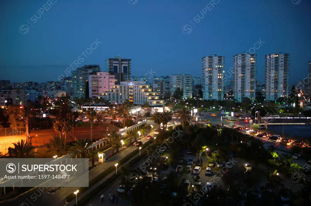 Evening, evening mood, Antalya, lighting, dusk, twilight, mountains, block of flats, high_rise building, blocks of flats, high_rise buildings, lights,...