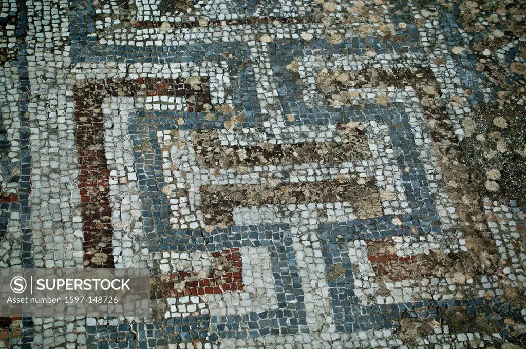 Excavation, excavation site, building, representation, detail, Ephesos, Ephesus, floor, mosaic, mosaic floor, tessellated stones, patterns, samples, o...