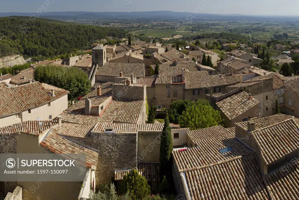 France, Europe, Provence, Le Barroux, Rooftops, city, village, summer, mountains, hills,