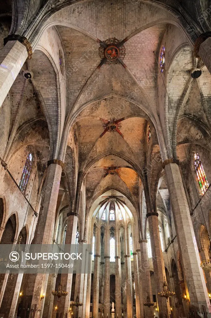 Europe, Spain, Barcelona, Barri Gotic, Santa Maria Del Mar Church, Religion, Religious, Christianity, Catholic, Catholic Religion, Churches, Interior,...