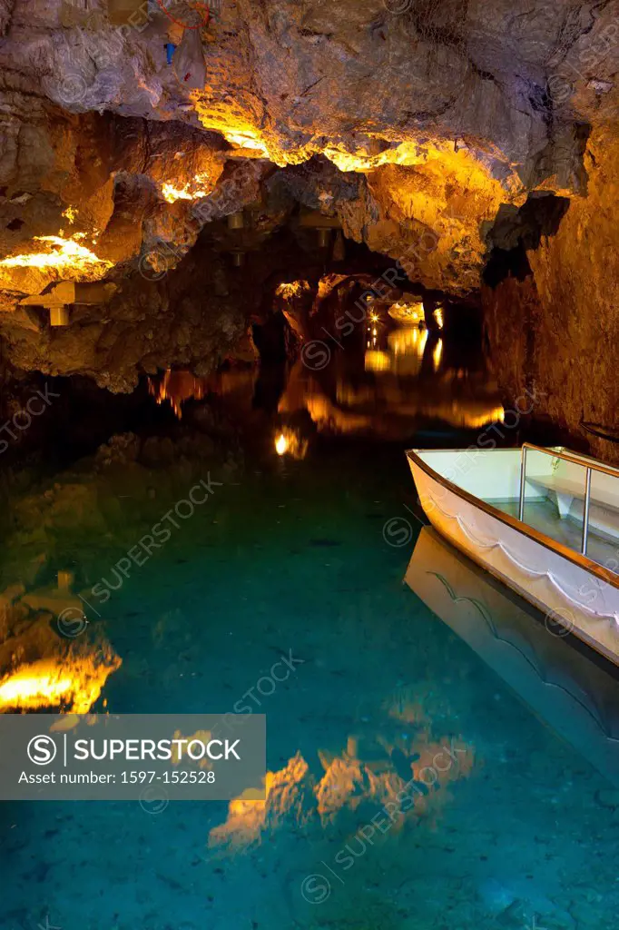 Saint Léonard, Lac souterrain, Switzerland, Valais, cave, lake, cave lake, subterranean lake, lighting, illumination, reflection, boat, nature