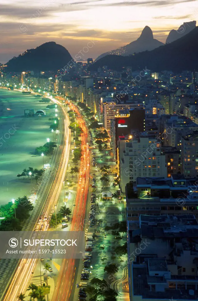 at night, beach, Brazil, South America, city, coast, Copacabana, night, Rio de Janeiro, sea, seashore, town