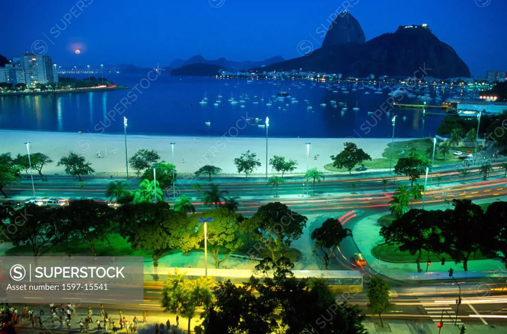 at night, beach, Botafogo Bay, Brazil, South America, city, coast, night, Rio de Janeiro, sea, seashore, sugar hat,