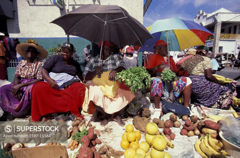 fruit, Grenadines, Kingstown, market, no model release, Saint Vincent, salespersons, sunshades, Caribbean, trade, ve