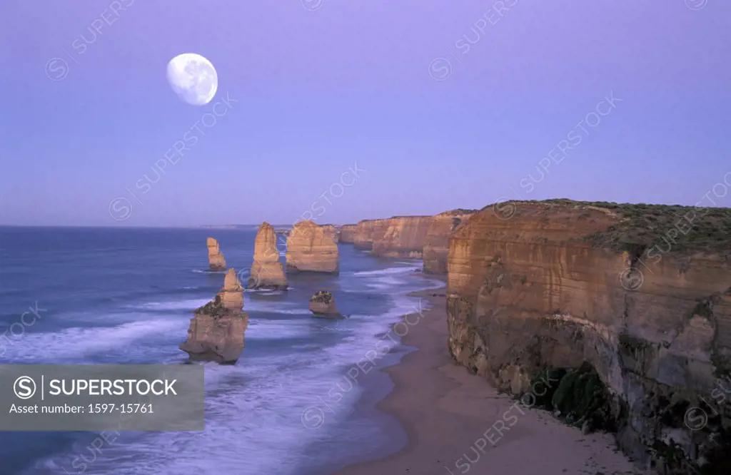Australia, cliffs, coast, dusk, full moon, Great Ocean Road, mood, moon, port Campbell, national park, rock, scenery