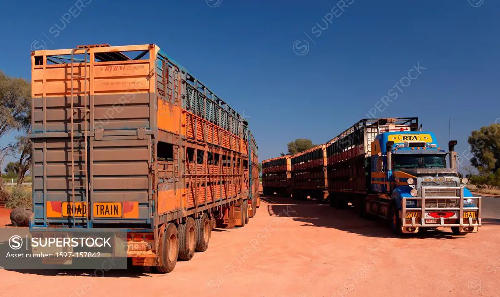 Road Trains, Trucks, TRUCK, truck, cattle transport, transport, car, automobile, desert, outback, dust, break, stop, Roadhouse, gas station, Stuart Hi...