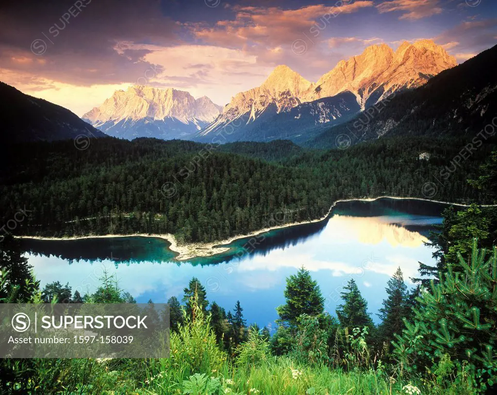 Austria, Europe, Tyrol, Ausserfern, biberwier, blindsee, lake, mountains, Zugspitze, sonnenspitze, piny wood, evening mood, water,