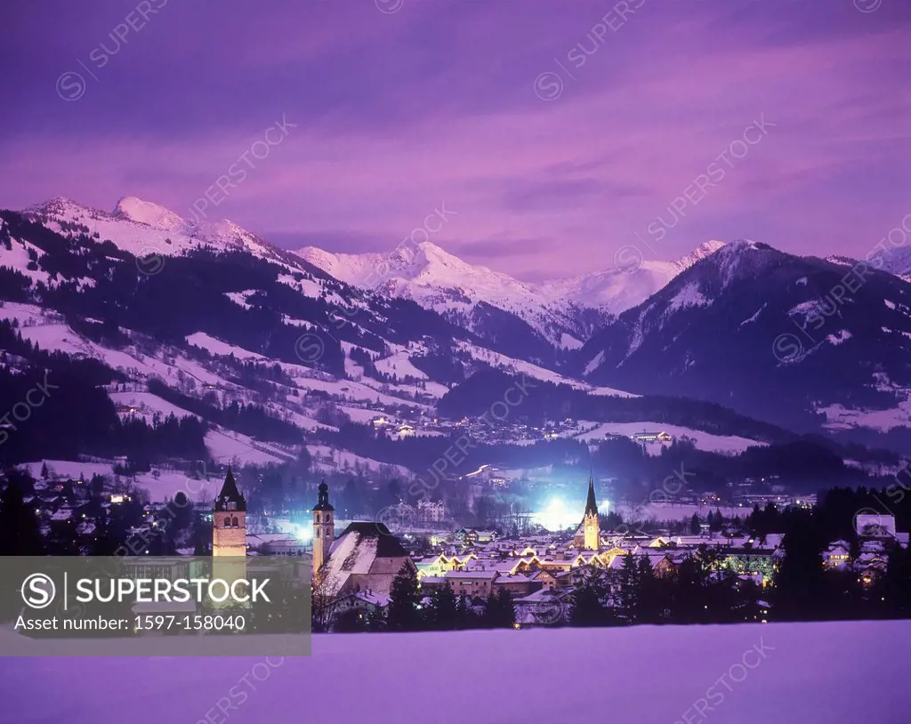 Austria, Europe, Tyrol, lowlands, Kitzbühel, winter, evening, mood, Kitzbühel alps, mountains, tourism, travel, ski vacation,