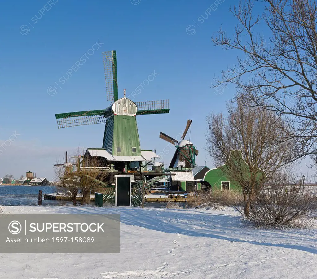 Netherlands, Holland, Europe, Zaandam, Windmill, Winter, Snow, Ice, Open air, museum, De Zaanse Schans,