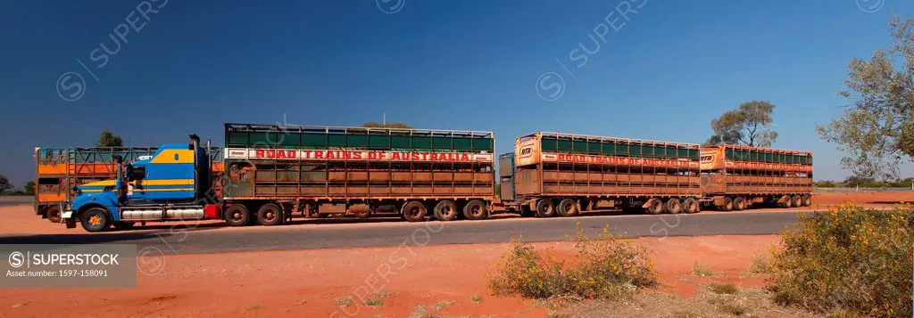 Road Trains, Trucks, TRUCK, truck, cattle transport, transport, car, automobile, desert, outback, dust, break, stop, Roadhouse, gas station, Stuart Hi...