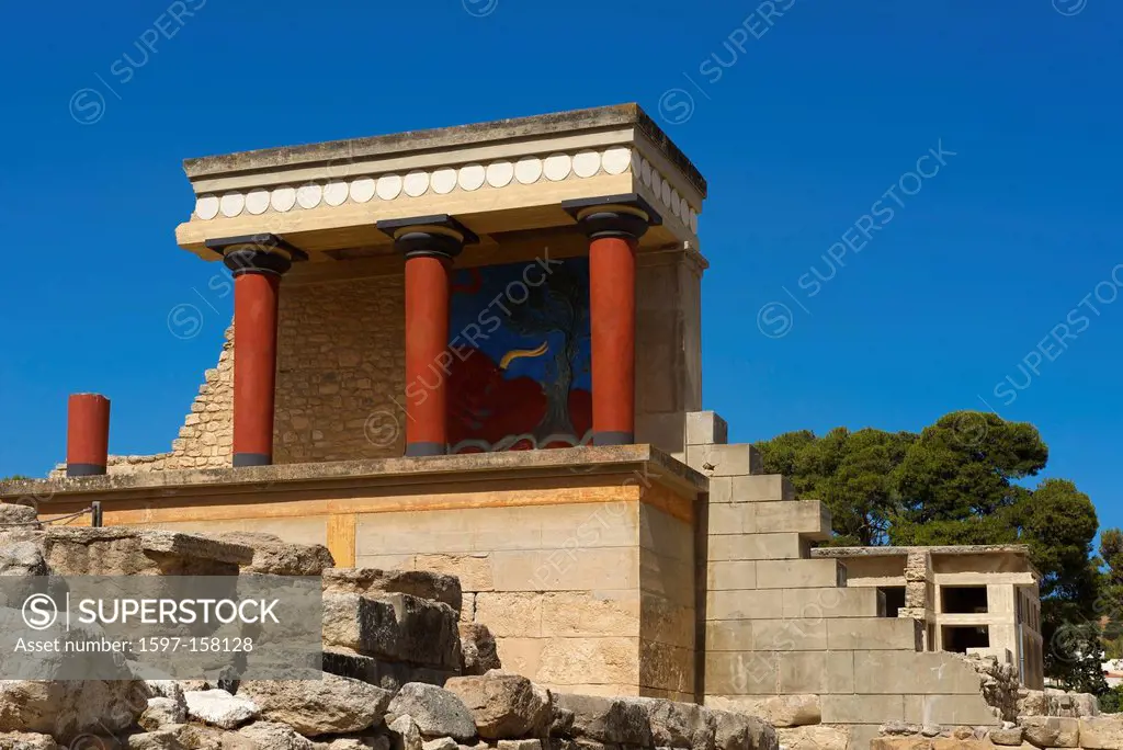 Crete, Greece, Europe, in Greek, island, isle, islands, isles, Mediterranean Sea, Europe, European, outdoors, day, Knossos, Heraklion, palace, buildin...