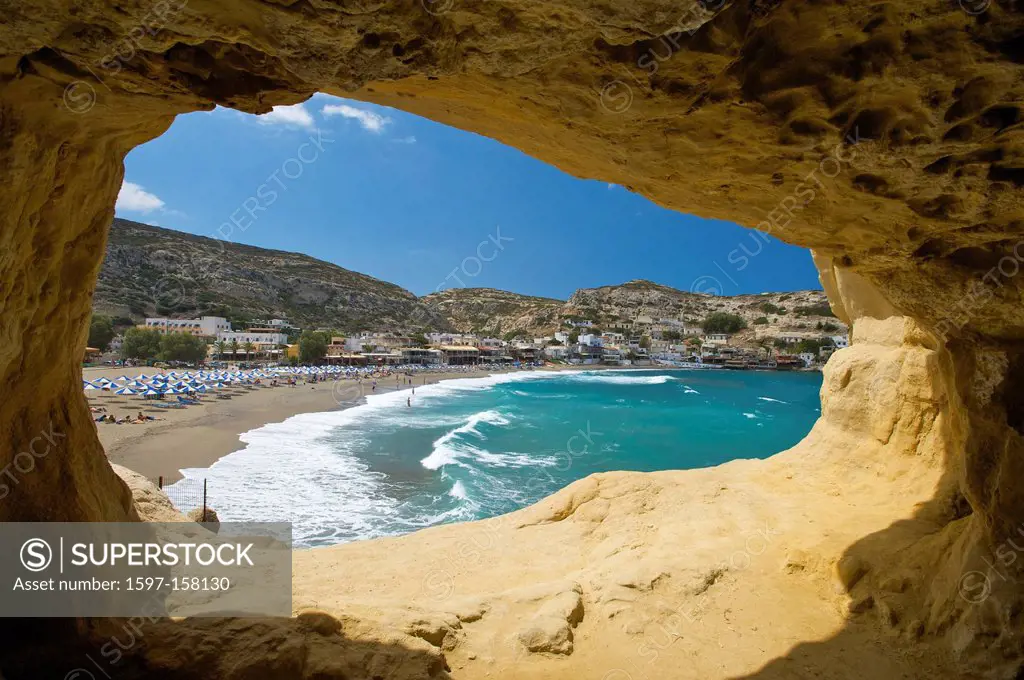 Crete, Greece, Europe, in Greek, island, isle, islands, isles, Mediterranean Sea, Europe, European, outdoors, day, Matala, cave, caves, sand beach, sa...