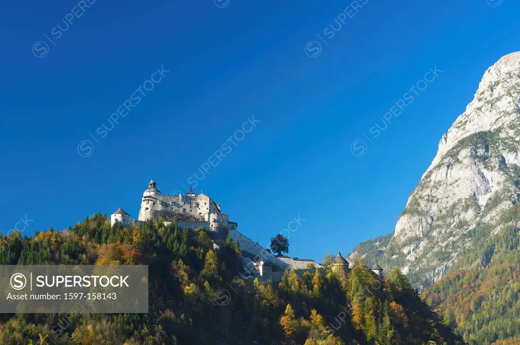 Salzburg country, Austria, Europe, outdoors, outside, day, autumn, autumnal, autumn colors, nobody, Alps, mountain, mountains, Hohenwerfen, castle, ca...