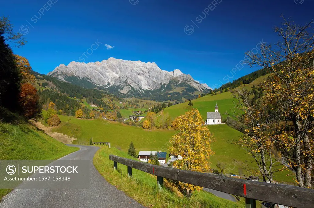 Salzburg country, Austria, Europe, outdoors, outside, day, autumn, autumnal, autumn colors, nobody, church, churches, architecture, building, building...
