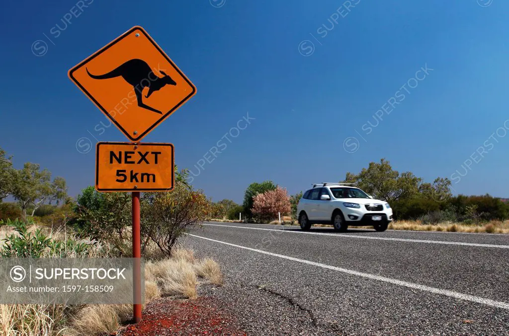 Australia, Northern Territory, loneliness, scenery, holy land, Road, left traffic, road sign, sign, shield, attention, kangaroo, car, automobile,
