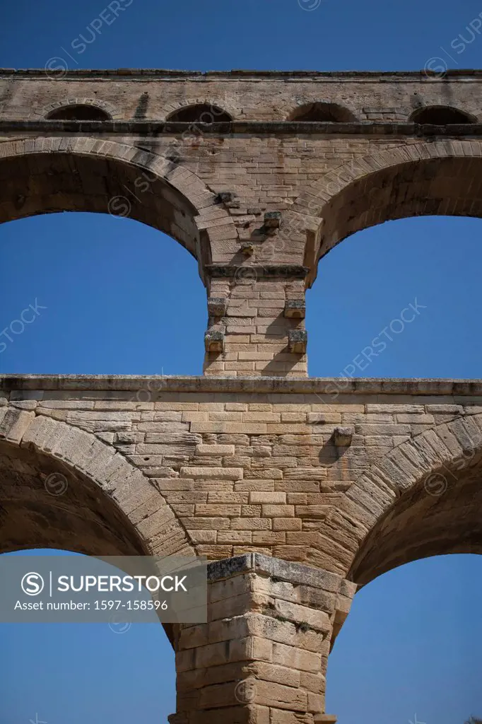 France, Europe, Languedoc, Pont du Gard, curve, Gard, bridge, aqueduct, detail, construction, building,