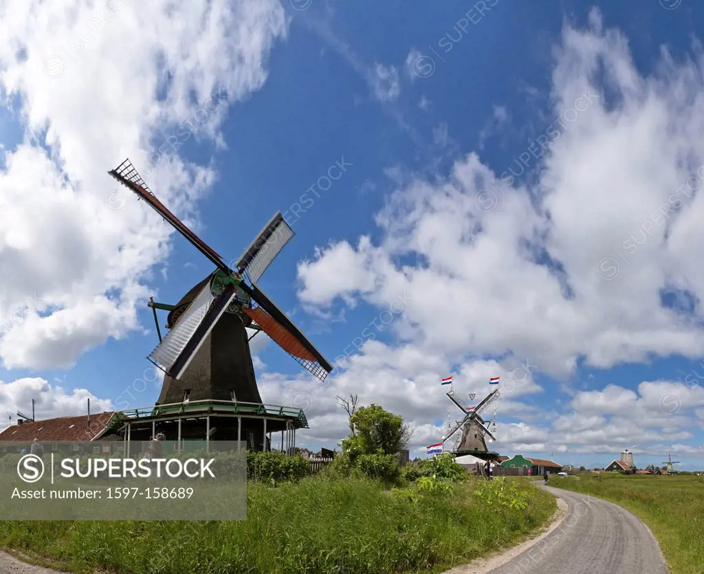 Netherlands, Holland, Europe, Zaandam, windmill, field, meadow, summer, clouds, Zaanse Schans, windmills