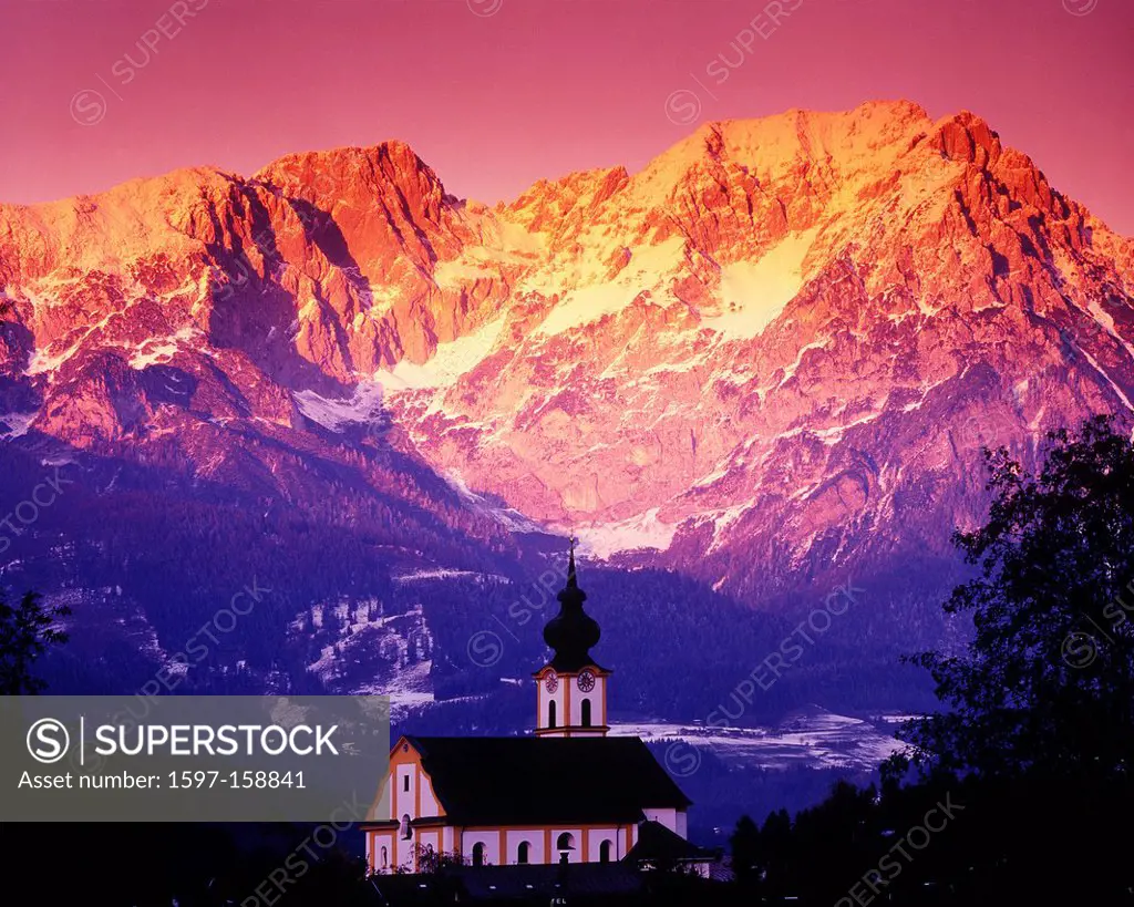 Austria, Europe, Tyrol, lowlands, Söll, scenery, Wilder Kaiser, Kaiser mountains, church, afterglow, Sonneck, Treffauer, snow