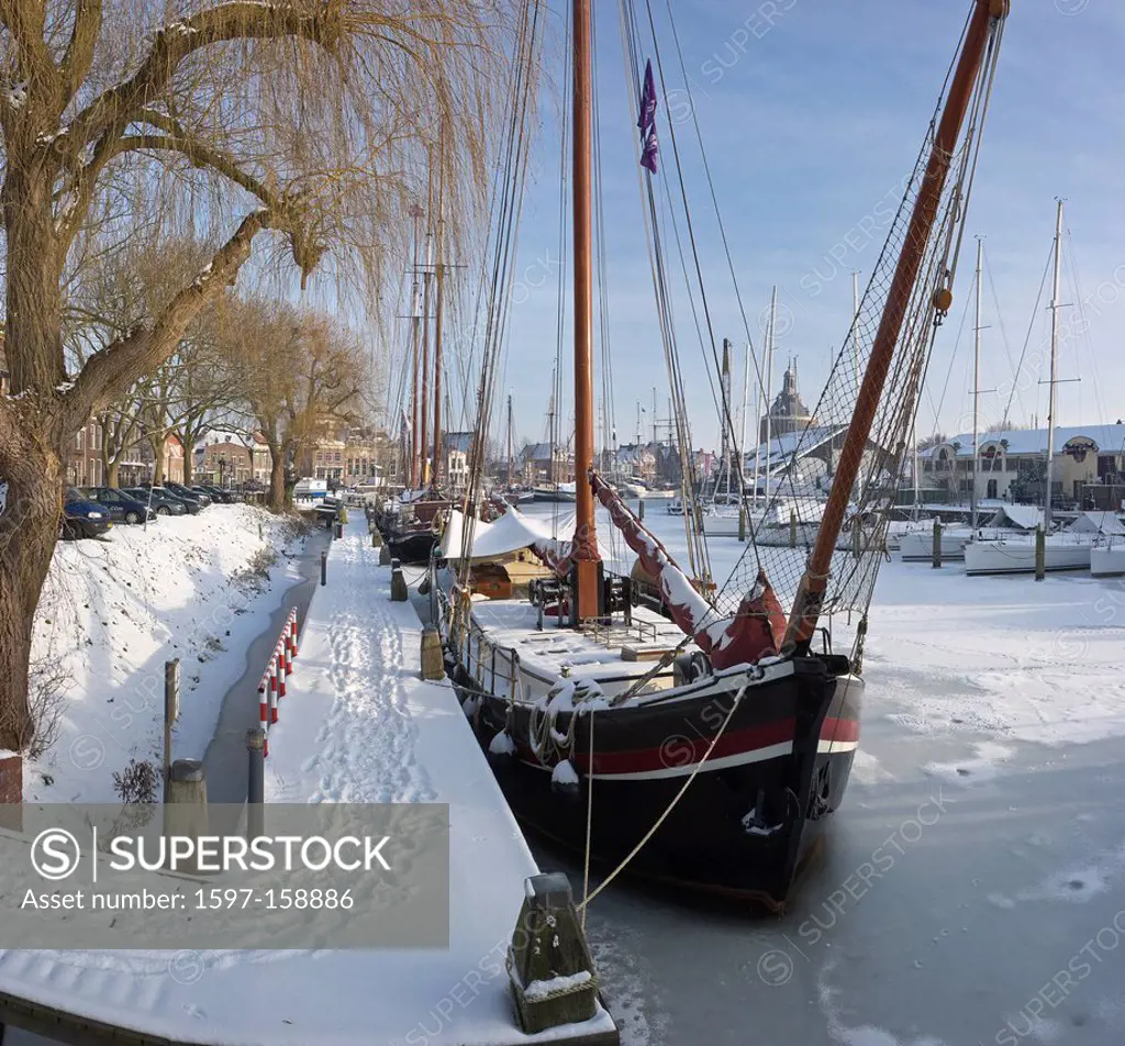 Netherlands, Holland, Europe, Enkhuizen, City, Village, Water, Winter, Snow, Ice, Ships, Boat, sailing ship, old harbour