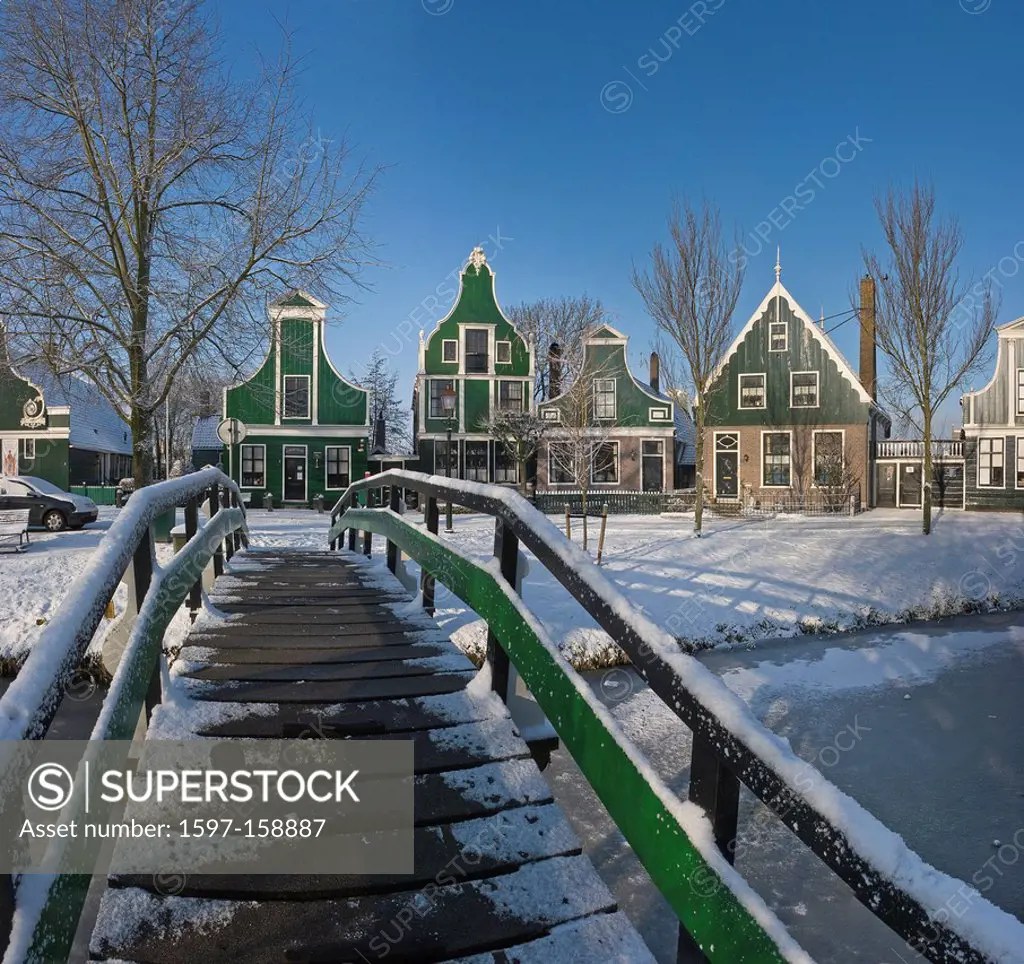 Netherlands, Holland, Europe, Zaandam, City, Village, Winter, Snow, Ice, footbridge, Open air, museum, De Zaanse Schans,