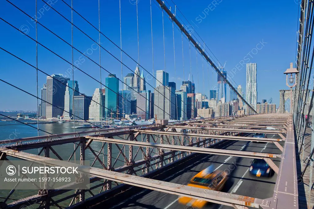 USA, United States, America, New York, Manhattan, bridge, Brooklyn, cable bridge, cars, downtown, road, skyline, traffic, unesco, world heritage