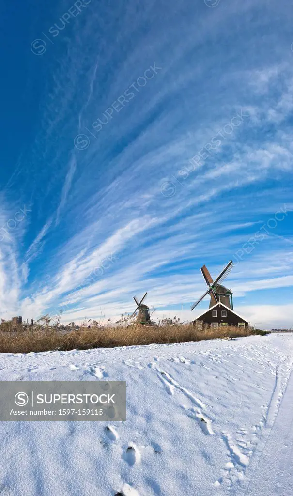 Netherlands, Holland, Europe, Zaandam, Windmill, Field, Meadow, Winter, Snow, Ice, clouds, Windmills, open_air museum, Zaanse Schans,