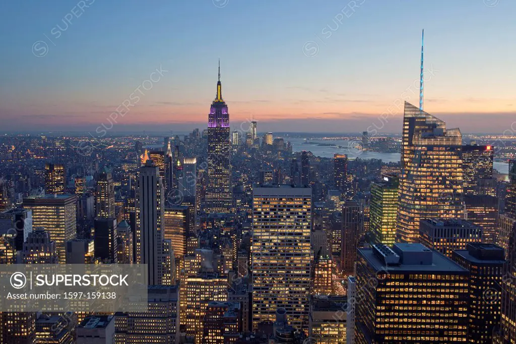 USA, United States, America, New York, Manhattan, Midtown, Empire State Building, buildings, lights, night, midtown, skyline, skyscrapers, sunset, vie...