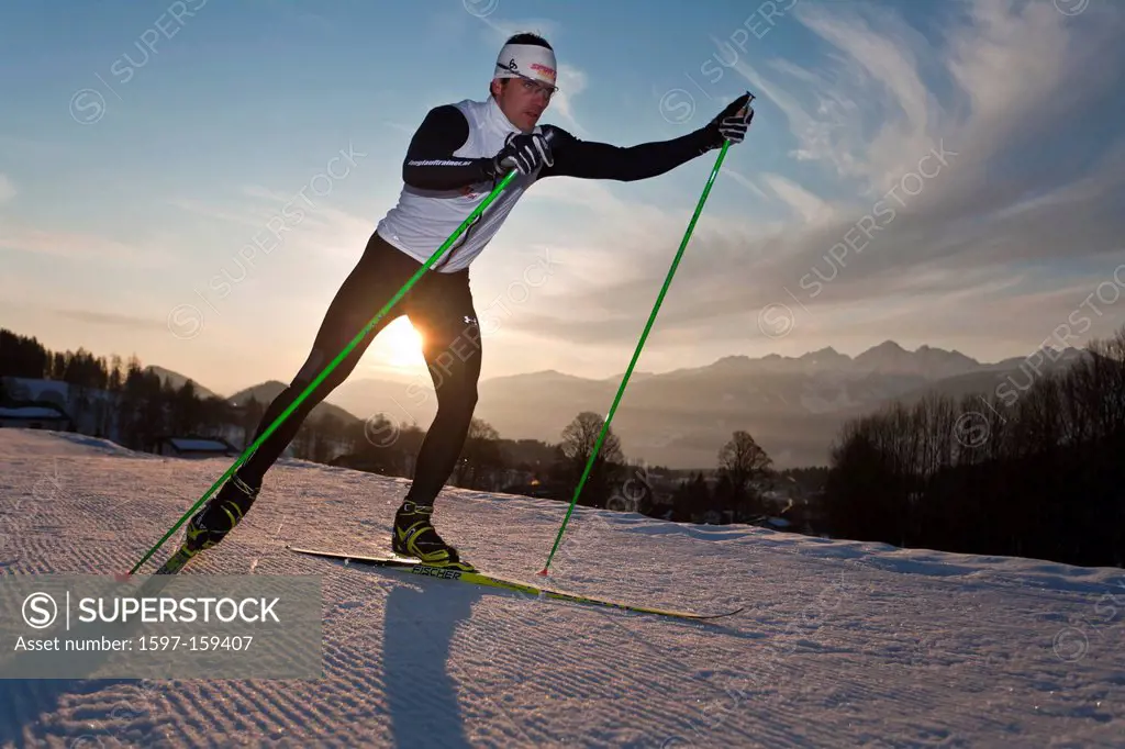 Cross_country, skiing, morning, sport, dusk, twilight, Ramsau, Styria, man, ski, fitness, Austria, winter