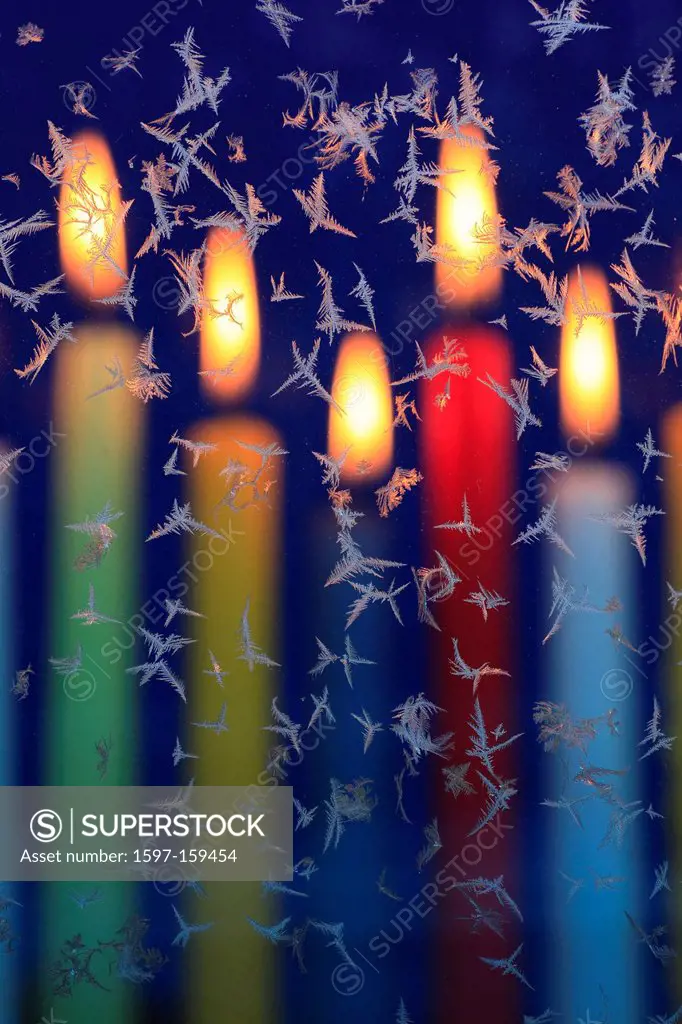 Advent, detail, ice, ice flower, frost flowers, frost, glass, windowpane, background, candle, candles, candle light, candle_light, cold, light, macro,...